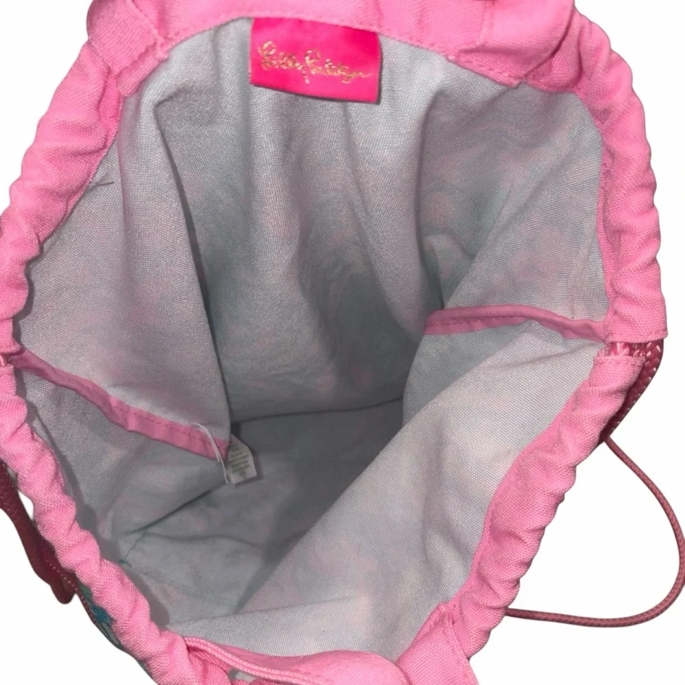 Lilly Pulitzer Blue Ibiza Aqua La Vista Drawstring Canvas Backpack Beach Bag